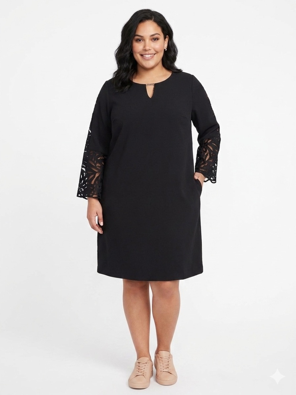 JM Collection NWT Black Shift Dress with Lace-Detail Sleeves Stretchy Pullover